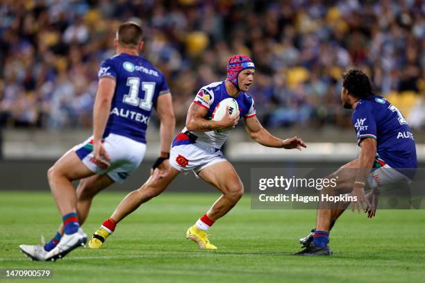 Kalyn Ponga of the Knights makes a break during the round one NRL match between the New Zealand Warriors and Newcastle Knights at Sky Stadium on...