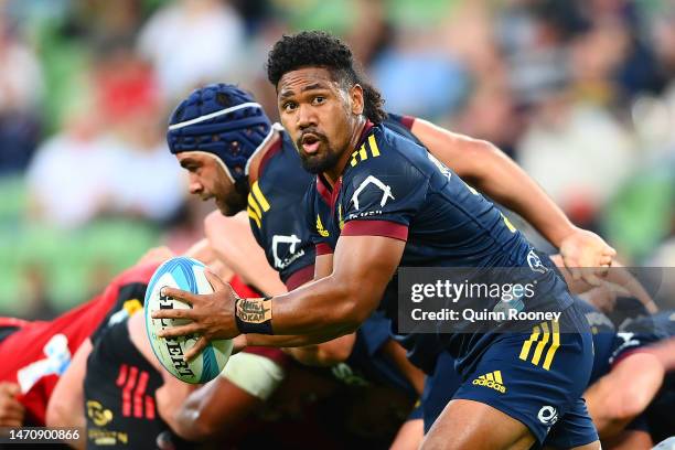 Folau Fakatava of the Highlanders in action during the round two Super Rugby Pacific match between Crusaders and Highlanders at AAMI Park, on March...