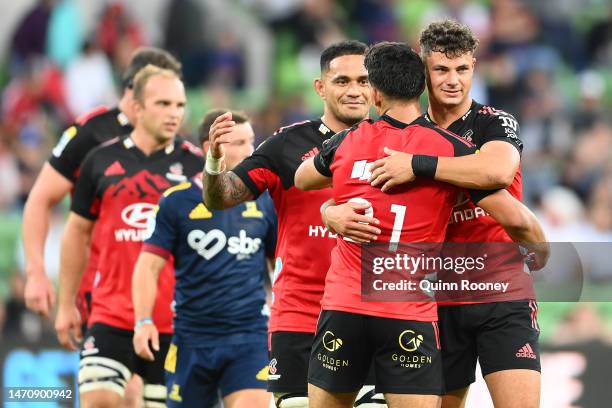 Crusaders celebrate winning during the round two Super Rugby Pacific match between Crusaders and Highlanders at AAMI Park, on March 03 in Melbourne,...