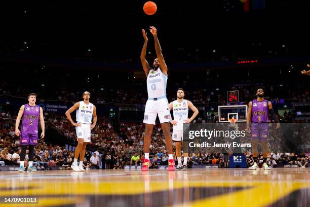 Dererk Pardon of the Breakers shoots a free throw during game one of the NBL Grand Final series between Sydney Kings and New Zealand Breakers at...