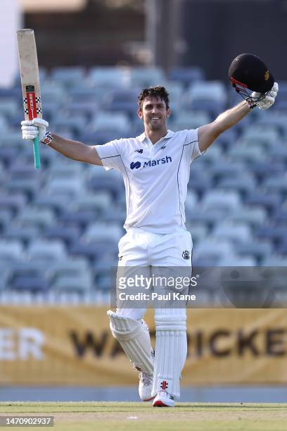 Mitch Marsh of Western Australia celebrates his century during the Sheffield Shield match between Western Australia and Tasmania at the WACA, on...