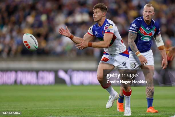 Jayden Brailey of the Knights passes the ball during the round one NRL match between the New Zealand Warriors and Newcastle Knights at Sky Stadium on...