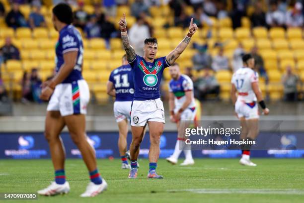 Charnze Nicoll-Klokstad of the Warriors celebrates after winning the round one NRL match between the New Zealand Warriors and Newcastle Knights at...
