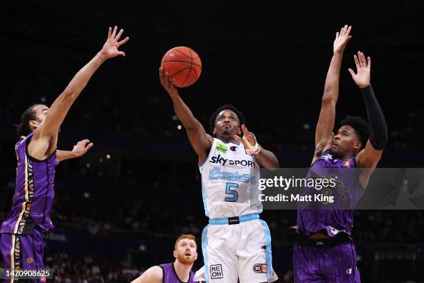 Barry Brown Jr of the Breakers drives to the basket during game one of the NBL Grand Final series between Sydney Kings and New Zealand Breakers at...