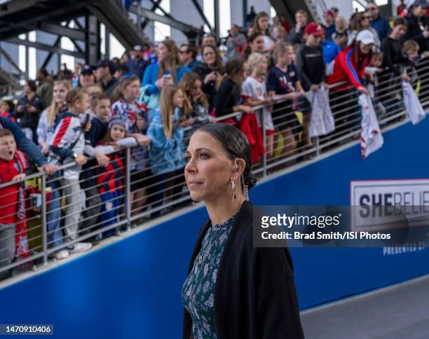 Broadcaster Shannon Boxx walks onto the field before the SheBelieves Cup game between Japan and USWNT at Geodis Park on February 19, 2023 in...