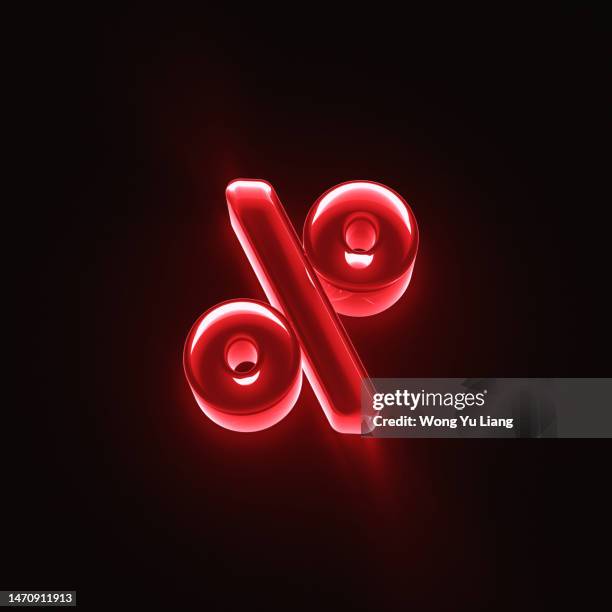 neon % interest rates,  percentage sign in red tone, 3d render - finance icons isolated stock-fotos und bilder
