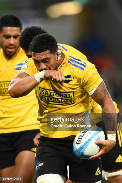Ardie Savea of the Hurricanes celebrates scoring a try during the round two Super Rugby Pacific match between Melbourne Rebels and Hurricanes at AAMI...