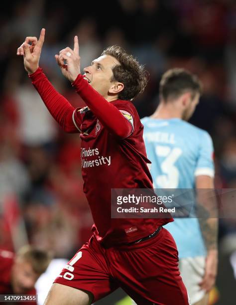 Craig Goodwin of United. Celebrates his goal during the round 19 A-League Men's match between Adelaide United and Melbourne City at Coopers Stadium,...
