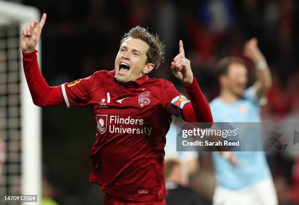 Craig Goodwin of United. Celebrates his goal during the round 19 A-League Men's match between Adelaide United and Melbourne City at Coopers Stadium,...