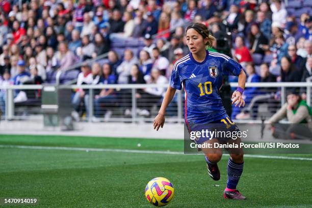 Mana Iwabuchi of Japan controls the ball during the SheBelieves Cup game between Japan and USWNT at Geodis Park on February 19, 2023 in Nashville,...