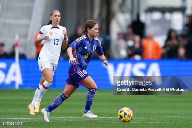 Fuka Nagano of Japan goes forward during the SheBelieves Cup game between Japan and USWNT at Geodis Park on February 19, 2023 in Nashville, Tennessee.