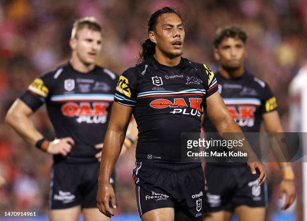 Jarome Luai of the Panthers looks dejected after a try during the round NRL match between the Penrith Panthers and the Brisbane Broncos at BlueBet...