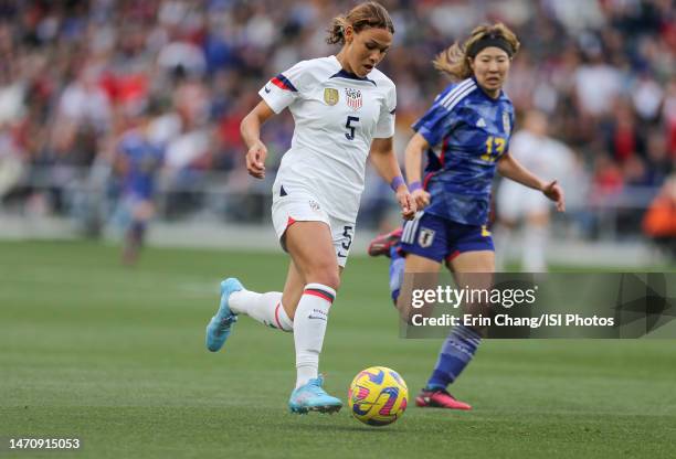 Trinity Rodman of the United States races towards the goal during the SheBelieves Cup game between Japan and USWNT at GEODIS Park on February 19,...