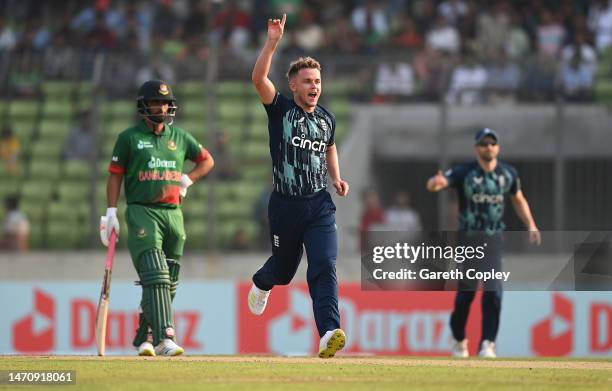 Sam Curran of England celebrates taking the wicket of Najmul Hossain Shanto of Bangladesh during the 2nd One Day International match between...