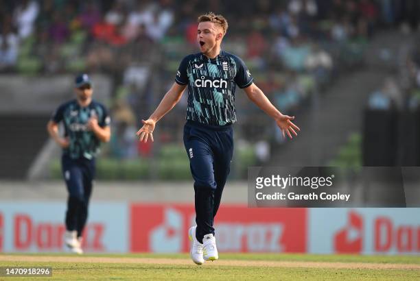 Sam Curran of England celebrates taking the wicket of Najmul Hossain Shanto of Bangladesh during the 2nd One Day International match between...