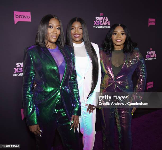Cheryl Gamble, Tamara Johnson George, Leanne Lyons attends SWV & Xscape: The Queens Of R&B purple carpet at The Aster on March 02, 2023 in Los...