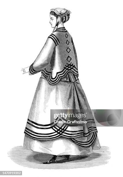 woman wearing a costume special for street 1868 - female model long dress stock illustrations