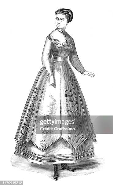 woman wearing a costume special for street activity 1868 - 1868 stock illustrations