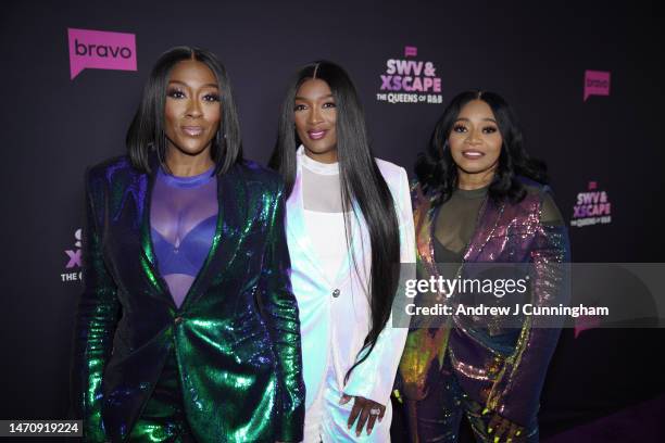 Cheryl Gamble, Tamara Johnson George, Leanne Lyons attends SWV & Xscape: The Queens Of R&B purple carpet at The Aster on March 02, 2023 in Los...