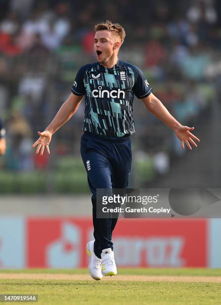 Sam Curran of England celebrates taking the wicket of Najmul Hossain Shanto of Bangladesh during the 2nd One Day International match between...