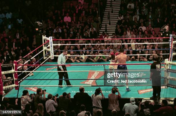 Referee Mitch Halpern looks on as Oscar De La Hoya from the United States and Félix Trinidad from Puerto Rico trade punches during their World Boxing...