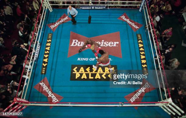 Referee Joe Cortez looks on as Riddick Bowe from the United States trades punches with compatriot Evander Holyfield during their non title...