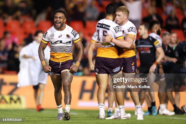 Ezra Mam of the Broncos celebrates victory during the round NRL match between the Penrith Panthers and the Brisbane Broncos at BlueBet Stadium on...