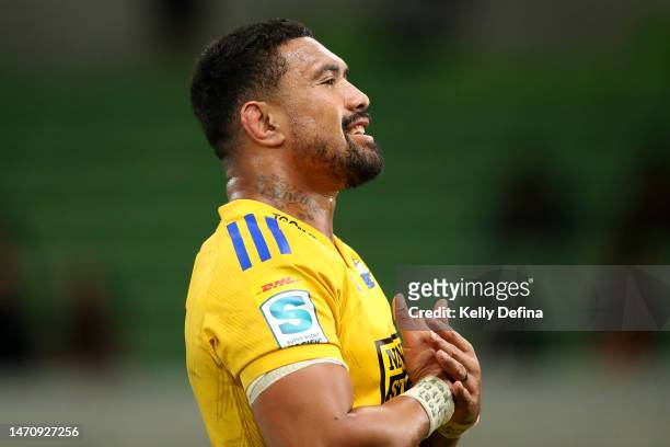 Ardie Savea of the Hurricanes celebrates in front of fans after his team's victory during the round two Super Rugby Pacific match between Melbourne...