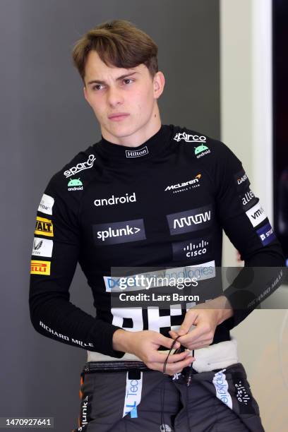 Oscar Piastri of Australia and McLaren prepares to drive in the garage during practice ahead of the F1 Grand Prix of Bahrain at Bahrain International...