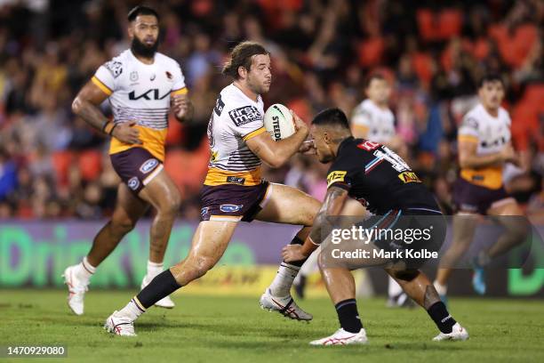 Patrick Carrigan of the Broncos runs the ball during the round NRL match between the Penrith Panthers and the Brisbane Broncos at BlueBet Stadium on...
