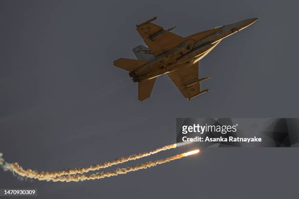 Super Hornets flying during a Australian defence force showcase on March 03, 2023 in Avalon, Australia. The 2023 Australian International Airshow &...