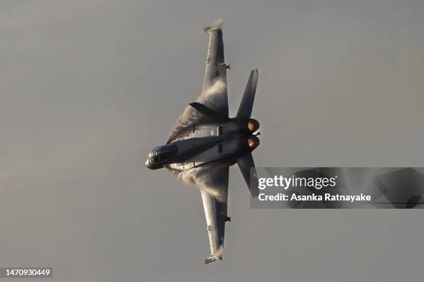 Super Hornets flying during a Australian defence force showcase on March 03, 2023 in Avalon, Australia. The 2023 Australian International Airshow &...