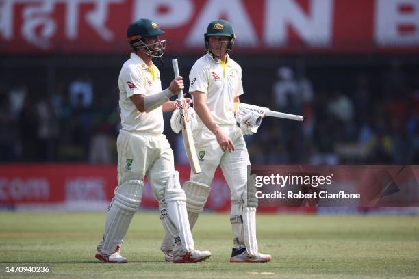 Marnus Labuschagne and Travis Head of Australia walk off after Australia defeated India during day three of the Third Test match in the series...