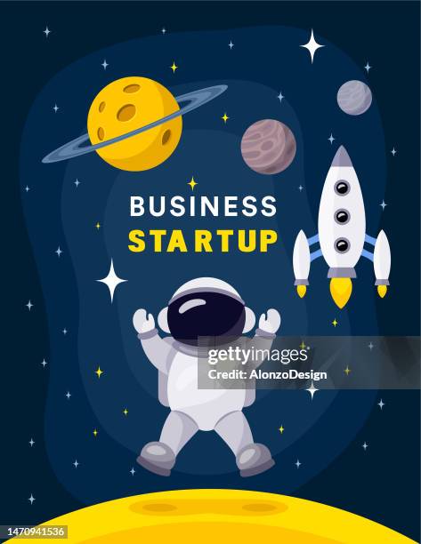 astronaut. cartoon creative mascot. star and planets on galaxy background. - zero gravity flight stock illustrations