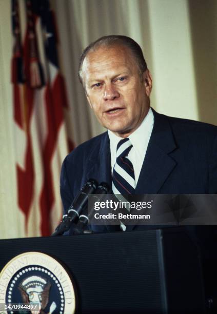 President Gerald Ford delivers a speech after taking his presidential oath in the East Room of the White House in Washington on August 9th, 1974.