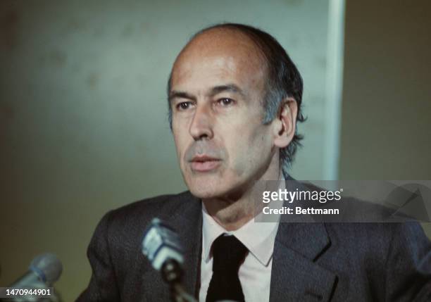 French politician Valery Giscard d'Estaing holds a press conference in Paris during his campaign for the French presidency, in May 1974.