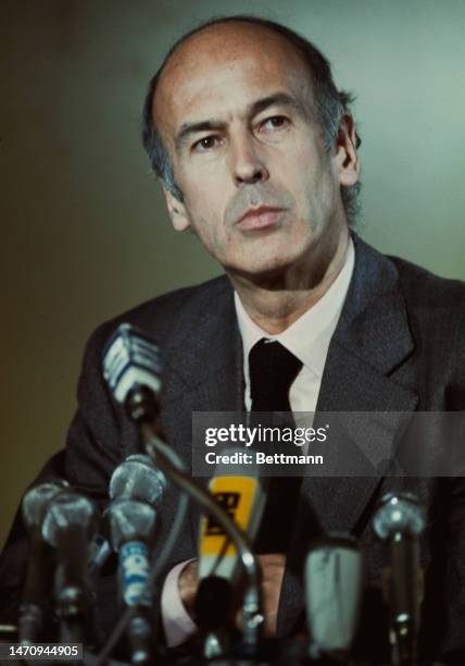 French politician Valery Giscard d'Estaing holds a press conference in Paris during his campaign for the French presidency, in May 1974.