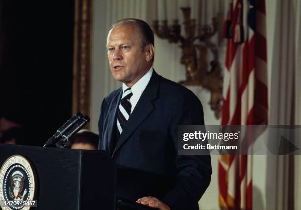 President Gerald Ford delivers a speech after taking his presidential oath in the East Room of the White House in Washington on August 9th, 1974.