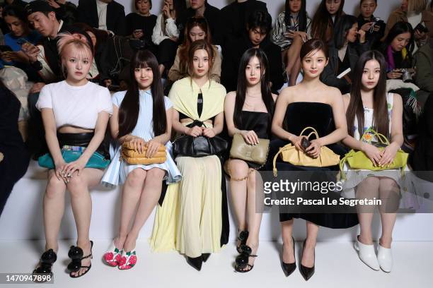 Kyujin, Sullyoon, Lily, Baem Jiwoo and Haewon of the band 'NMIXX' attend the Loewe Womenswear Fall Winter 2023-2024 show as part of Paris Fashion...