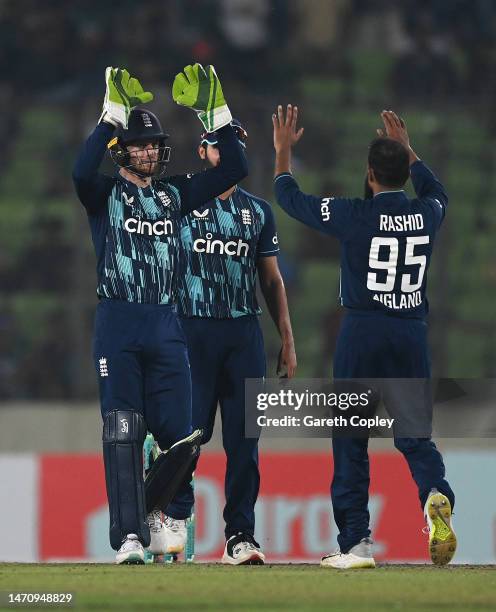 Adil Rashid of England celebrates taking the wicket of Afif Hossain of Bangladesh during the 2nd One Day International match between Bangladesh and...