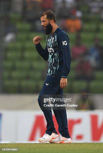 Moeen Ali of England celebrates the wicket of Tamim Iqbal of Bangladesh during the 2nd One Day International match between Bangladesh and England at...