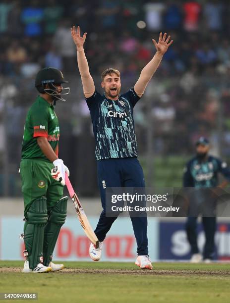 Will Jacks of England appeals unsuccessfully during the 2nd One Day International match between Bangladesh and England at Sher-e-Bangla National...