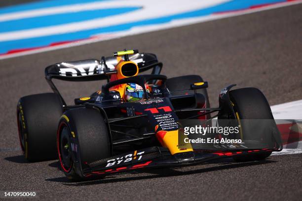 Sergio Perez of Mexico driving the Oracle Red Bull Racing RB19 during practice ahead of the F1 Grand Prix of Bahrain at Bahrain International Circuit...