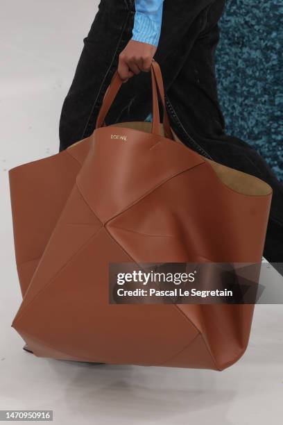 Model, fashion detail, walks the runway during the Loewe Womenswear Fall Winter 2023-2024 show as part of Paris Fashion Week on March 03, 2023 in...