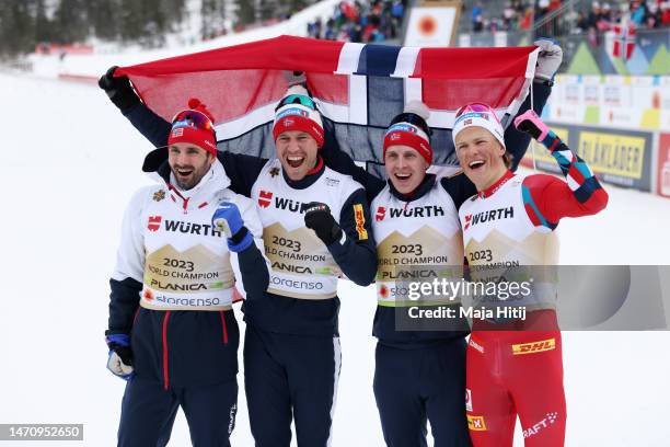 Gold medalists Hans Christer Holund of Team Norway, Paal Golberg of Team Norway, Simen Hegstad Krueger of Team Norway and Johannes Hoesflot Klaebo of...