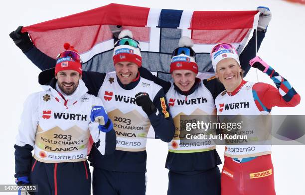 Gold medalists Hans Christer Holund of Team Norway, Paal Golberg of Team Norway, Simen Hegstad Krueger of Team Norway and Johannes Hoesflot Klaebo of...