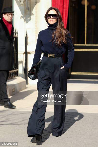 Victoria Beckham is seen leaving her hotel on March 03, 2023 in Paris, France.