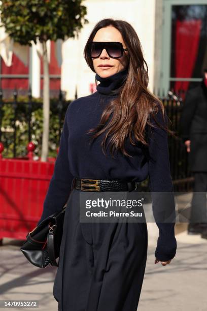 Victoria Beckham is seen leaving her hotel on March 03, 2023 in Paris, France.