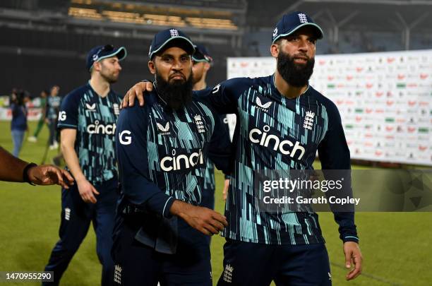 Adil Rashid and Moeen Ali of England after winning the 2nd One Day International between Bangladesh and England at Sher-e-Bangla National Cricket...