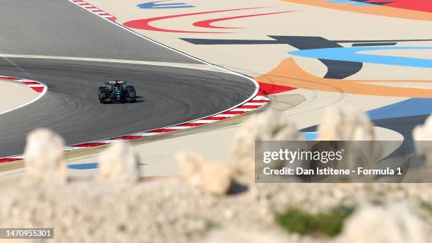 George Russell of Great Britain driving the Mercedes AMG Petronas F1 Team W14 on track during practice ahead of the F1 Grand Prix of Bahrain at...